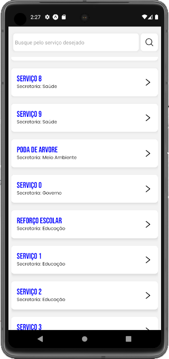 Tela do app com os serviços prestados pela prefeitura