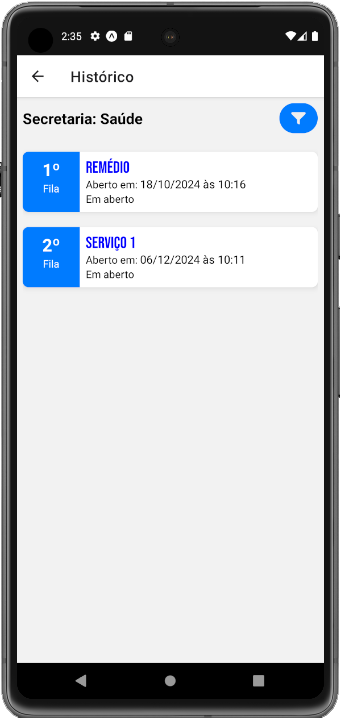 Tela do app mostrando a fila de solicitações