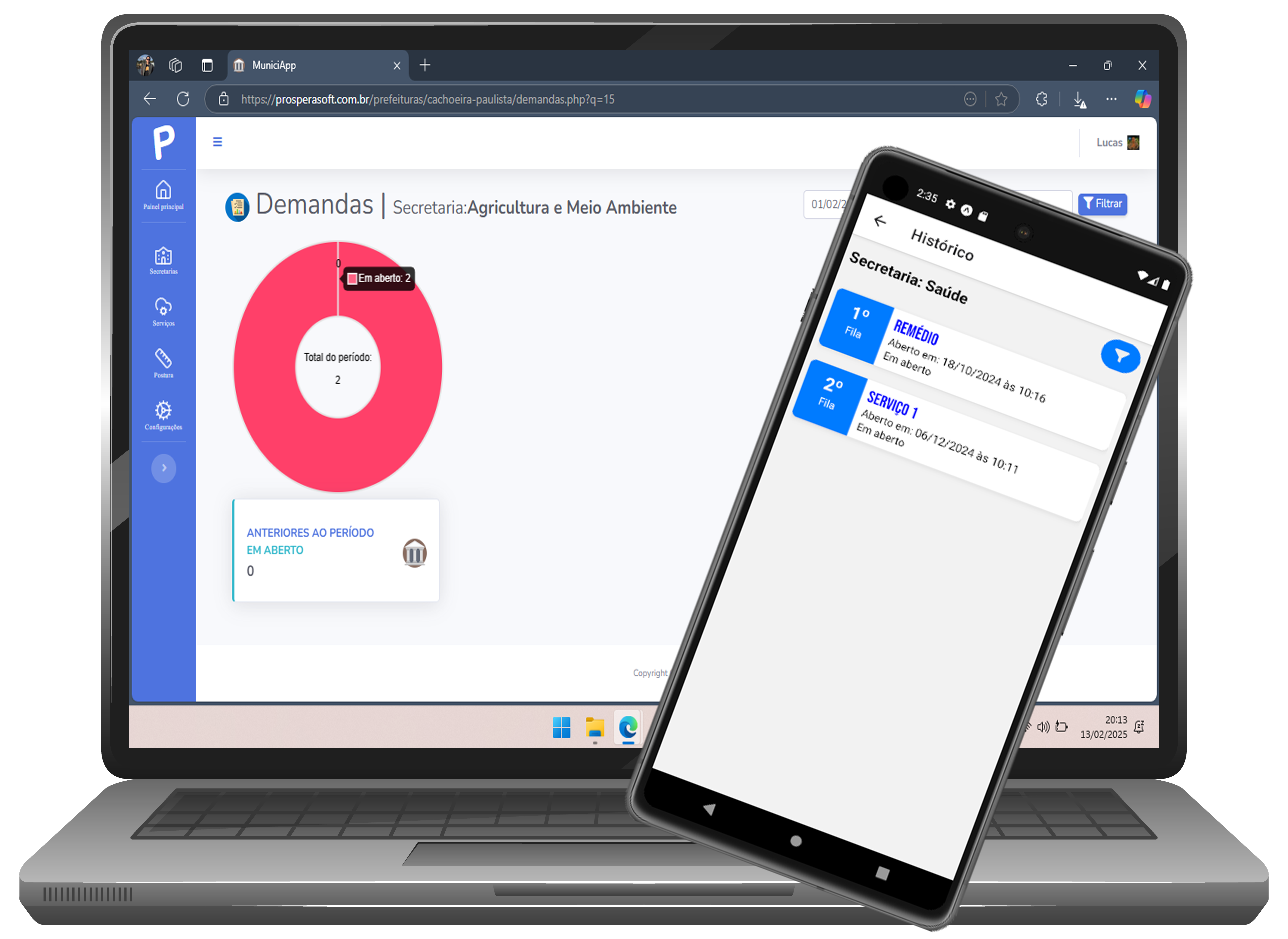 Tela do app e da plataforma mostrando gráficos do prefeito